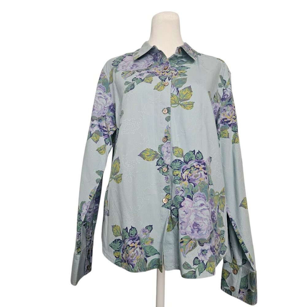 J. Jill Floral Button Front Shirt Light Blue Purple Flowers Collar SZ Medium